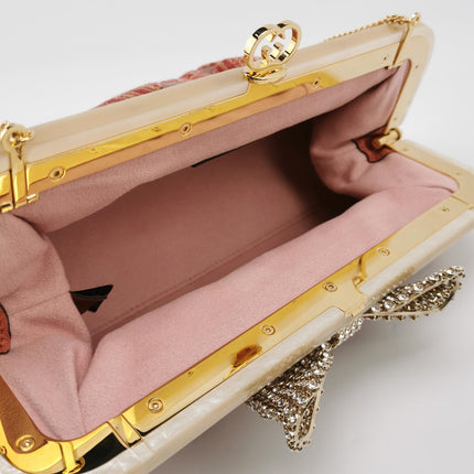 Gucci Crocodile-Pattern Pink Velvet Jacquard Medium Handbag Crystal Ribbon Chain Strap