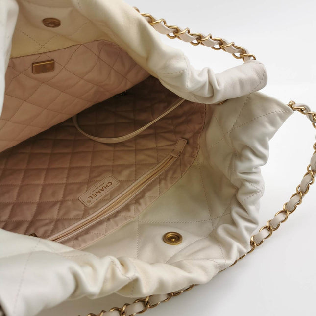 Sold Chanel 22 Hobo Bag Medium Shiny Calfskin Leather White with Gold-tone Hardware