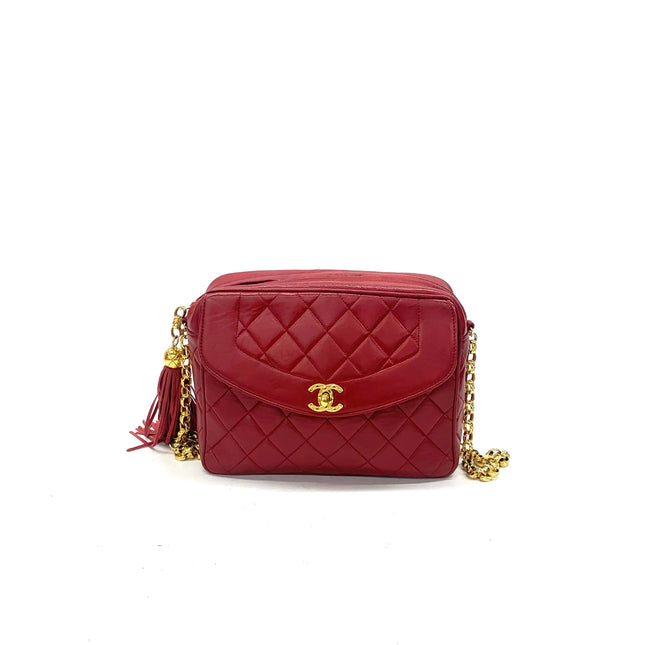 Chanel Vintage Camera Bag Red Lambskin Leather Gold Bajou Chain-Luxbags