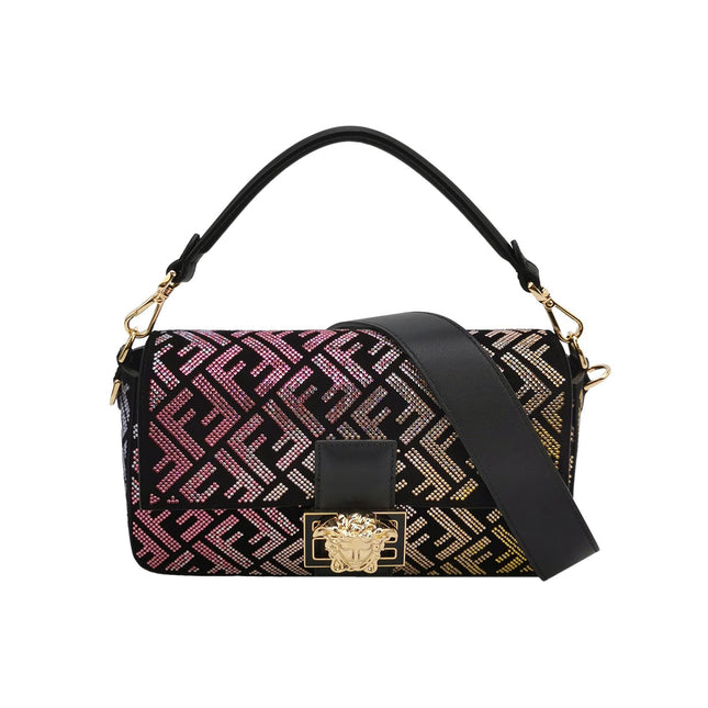 Fendi x Versace Baguette Black Suede With Multi-color Crystal Embellishment-Luxbags
