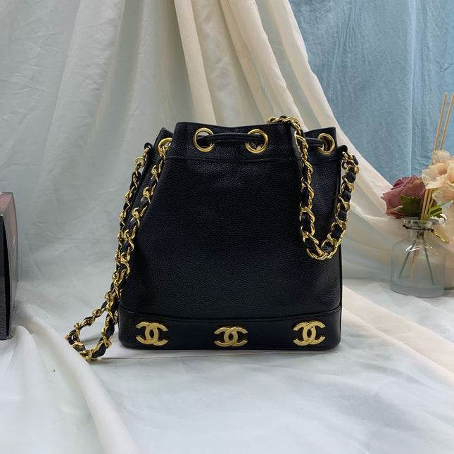 Chanel Vintage Mini Bucket Bag Black Caviar Leather Gold Logo, 1996-1997