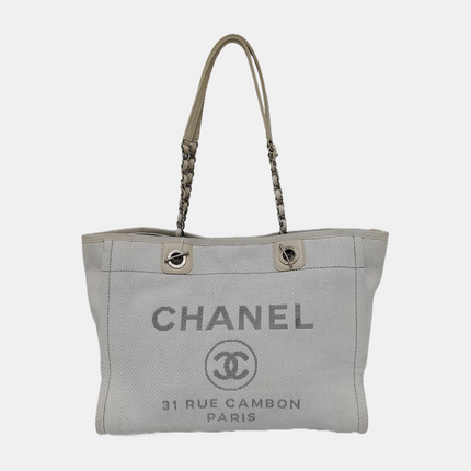 Chanel Deauville Tote Light Blue Denim Leather Trim Small 32cm