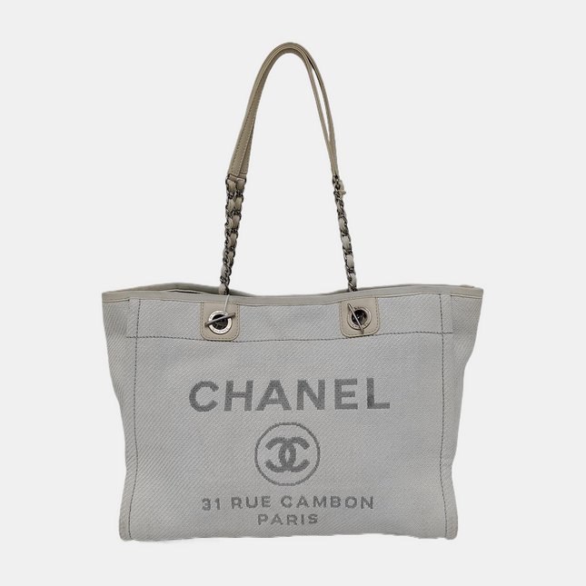 Chanel Deauville Tote Light Blue Denim Leather Trim Small 32cm