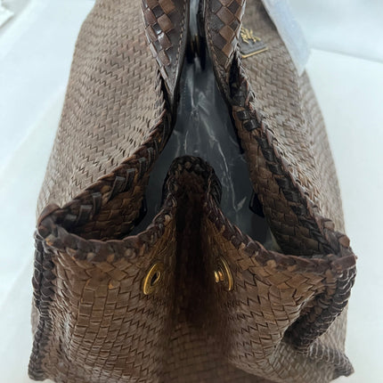 Prada Madras Brown Woven Leather Top Handle Shopping Tote Large