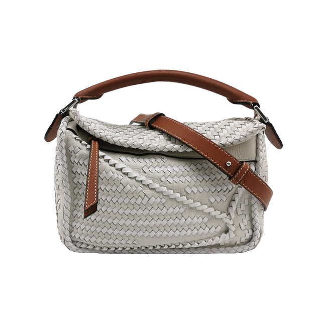 Loewe Puzzle Small Leather Woven Braided White Crossbody Bag-Luxbags