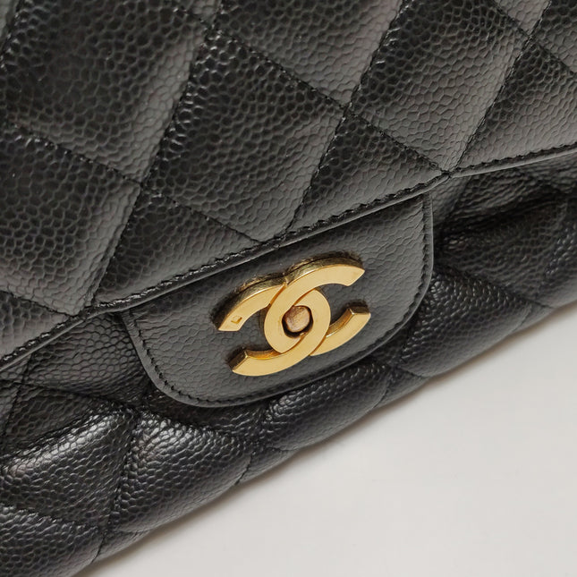 Chanel Classic Flap Jumbo Black Caviar Leather Single Flap 24k Gold Hardware 2008