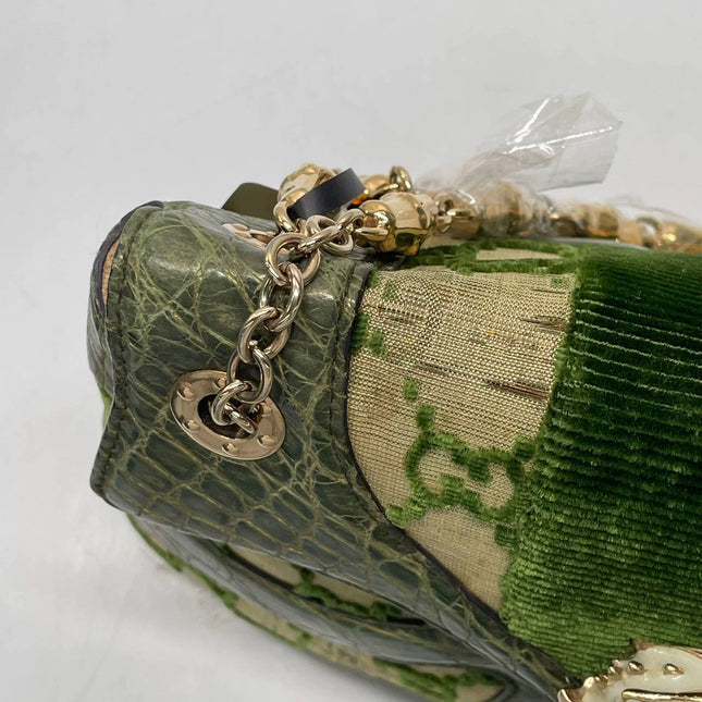Gucci Jeweled Dragon Bag Green Crocodile and GG Velvet Bamboo Chain Strap Shoulder Bag