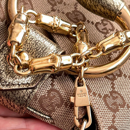 Sold Gucci Horsebit 1955 Large Cloth Beige Monogram Gold Leather Shoulder bag
