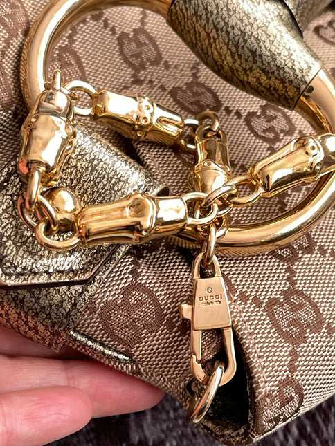 Sold Gucci Horsebit 1955 Large Cloth Beige Monogram Gold Leather Shoulder bag