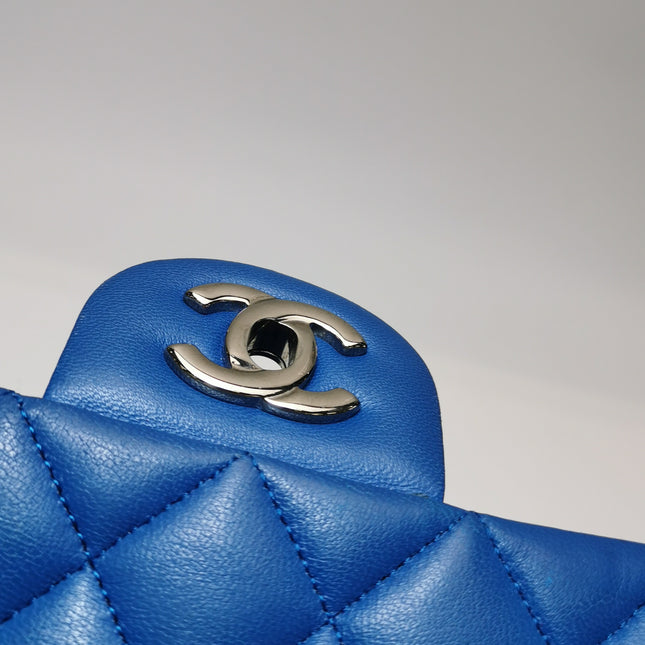 Chanel Timeless Classic Flap Medium Blue Lambskin Leather Silver Hardware