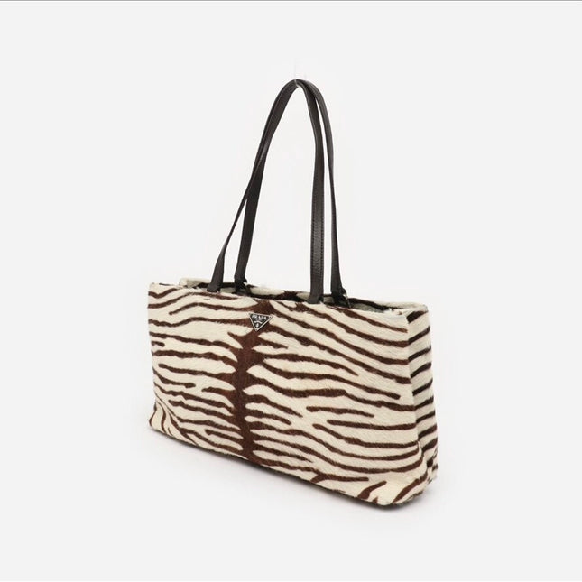 Prada Zebra Print Pony-style Calfskin Leather Brown Shoulder Bag