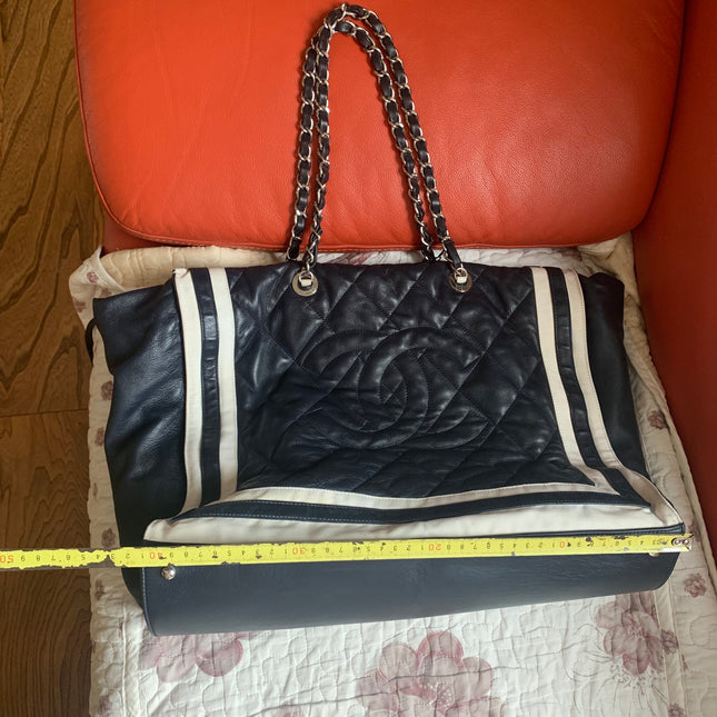 Chanel CC Shopping Tote Medium Cannage Lambskin Leather Navy with White Stripes
