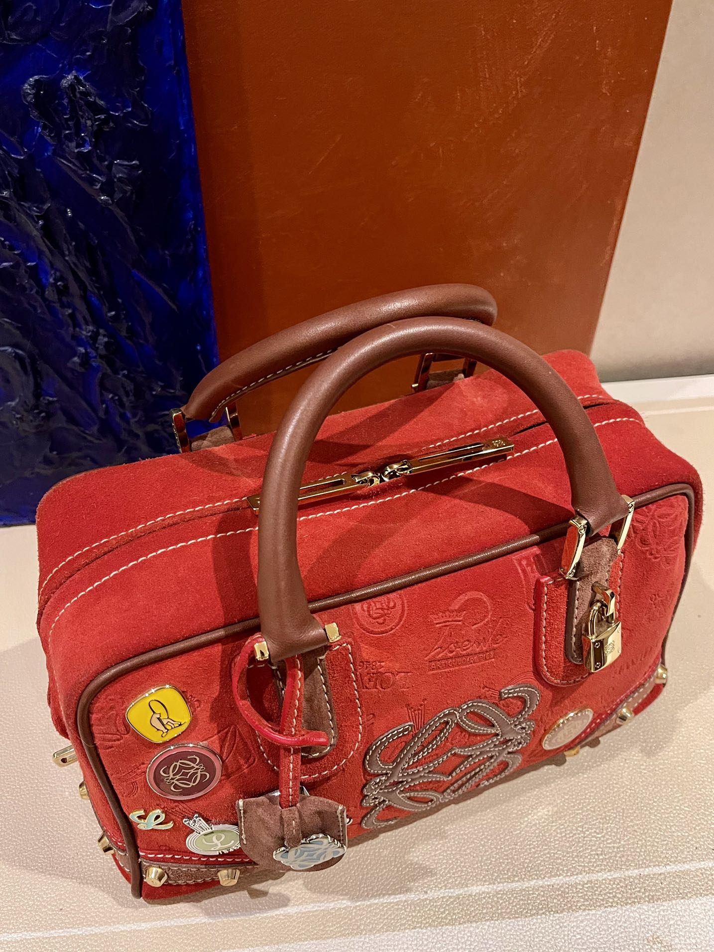 Sold Loewe Amazona 28 160th Anniversary Red Suede Badges Embellished Handbag