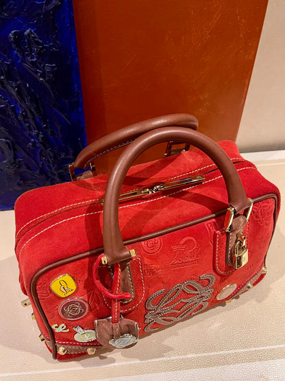 Sold Loewe Amazona 28 160th Anniversary Red Suede Badges Embellished Handbag