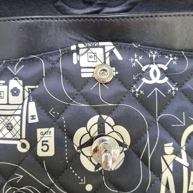 Chanel Satin Airline Printed Medium Double Flap Bag Black and White