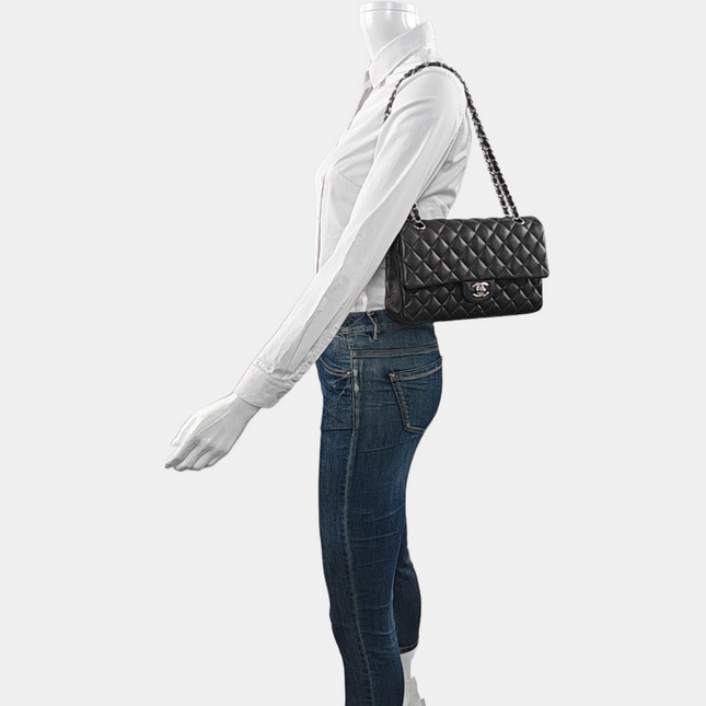 Chanel Timeless Classic Flap Medium Grey Lambskin Leather Silver Hardware