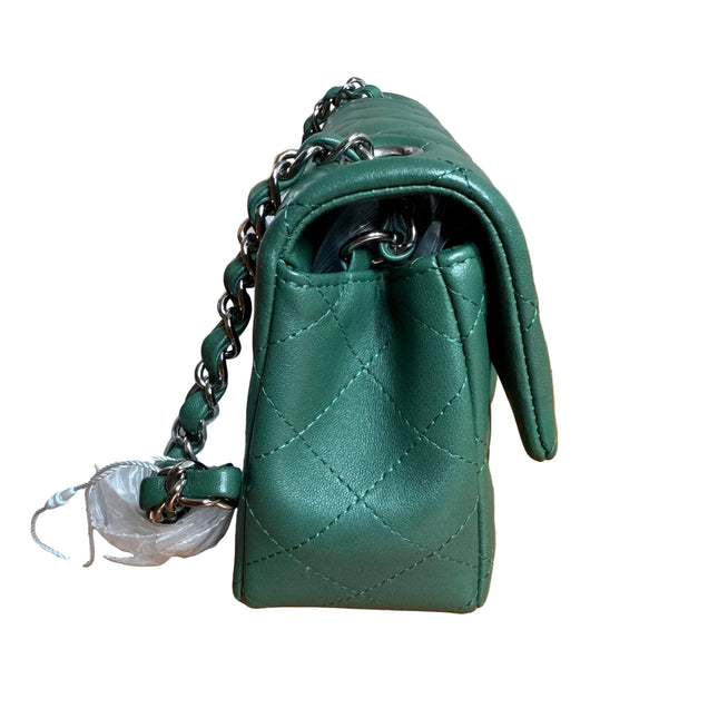 Chanel Classic Flap Mini Rectangular Green Lambskin Leather Silver Hardware