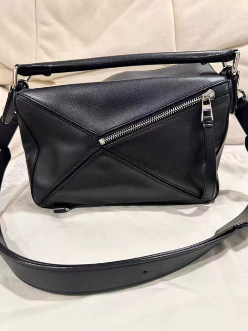 Loewe Puzzle Small Black Smooth Leather White Logo With Metal Feet 2016