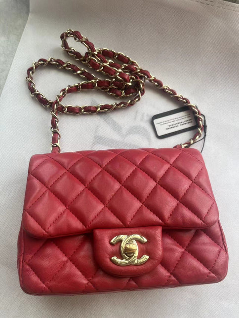 Chanel Classic Flap Mini Square Red Lambskin Leather Gold Hardware