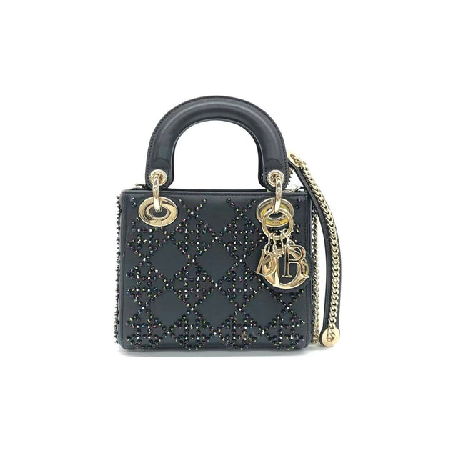 Lady Dior Mini Black Calfskin Leather with Multicolor Crystals Gold Hardware-Luxbags