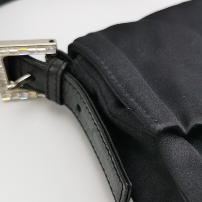 FENDI Baguette Black Silk Satin with Crystal Buckle Shoulder Bag