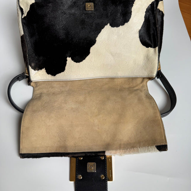 Fendi Mamma Baguette Large Pony hair in Cow Print Black and White