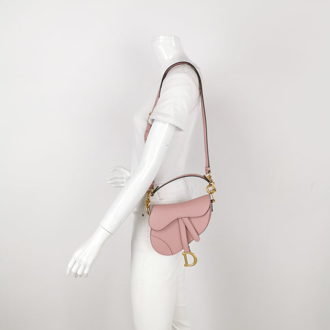 Dior Saddle Mini Cherry Blossom Pink Grained Leather GHW with Strap