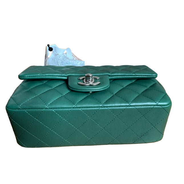 Chanel Classic Flap Mini Rectangular Green Lambskin Leather Silver Hardware