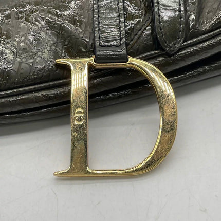 Sac bandoulière Dior Saddle petit modèle vintage en cuir verni imprimé oblique vert foncé