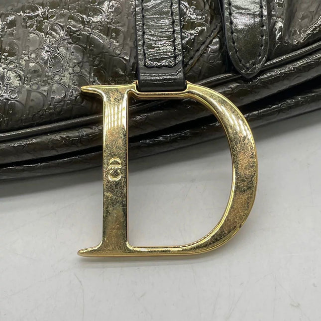 Dior Saddle Small Vintage Shoulder Bag Dark Green Oblique Print Patent Leather
