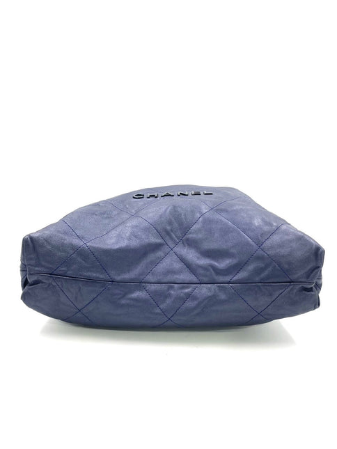 Chanel 22 Hobo Bag Medium Shiny Calfskin Leather Metallic Navy