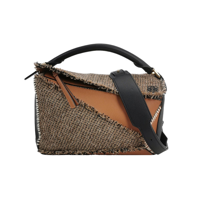 Loewe Puzzle Medium Brown Leather and Tweed Shoulder Bag-Luxbags