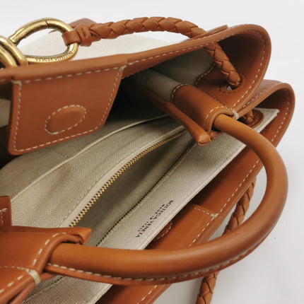 Bottega Veneta Small Andiamo Tan Brown Leather and Beige Canvas Handbag