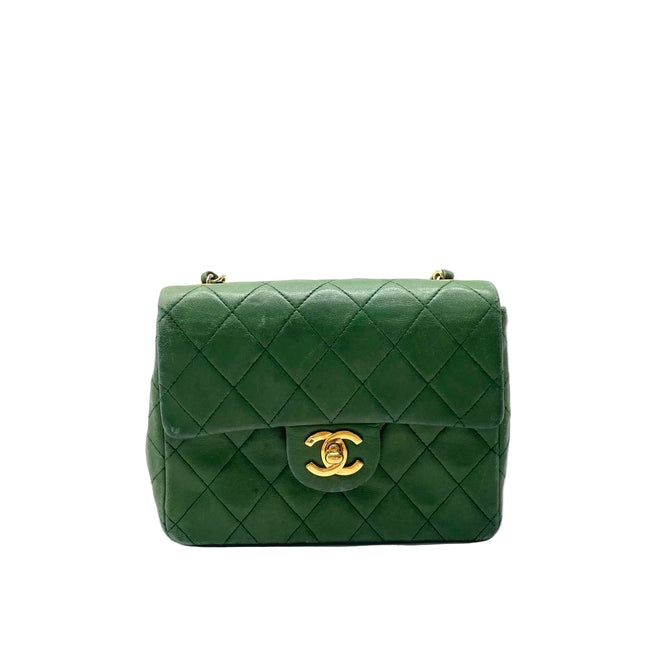 Chanel Vintage Classic Flap Mini Square Green Lambskin 24k Gold HW, 1989-1991-Luxbags