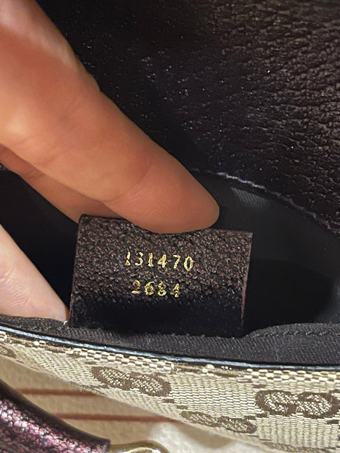 Sold Gucci Horsebit 1955 Chain Bag Gucci Monogram Iridescent Purple Leather and Gold Studs