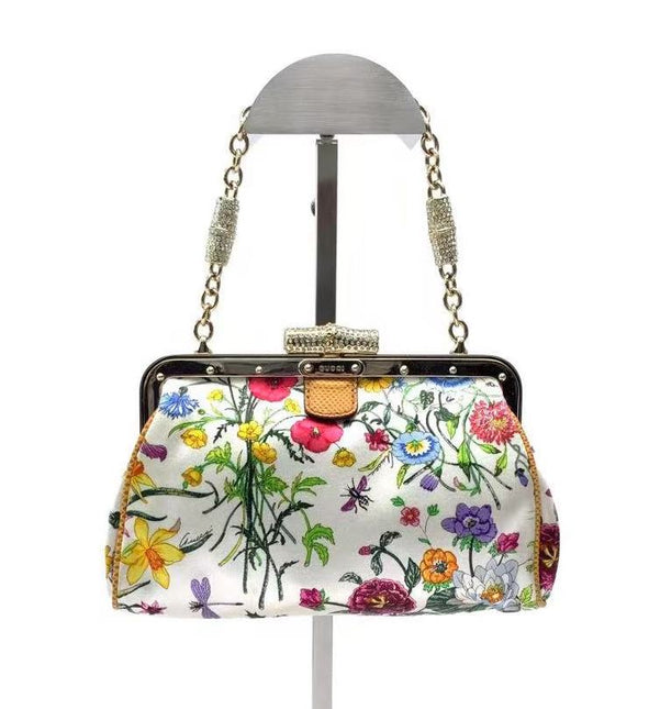 Sold Gucci Floral Silk Satin Purse with Crystal Embellished Bamboo Style Chain Strap