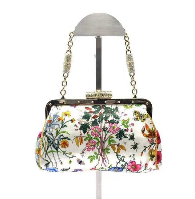 Sold Gucci Floral Silk Satin Purse with Crystal Embellished Bamboo Style Chain Strap
