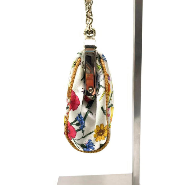 Sold Gucci Floral Silk Satin Purse with Crystal Embellished Bamboo Style Chain Strap