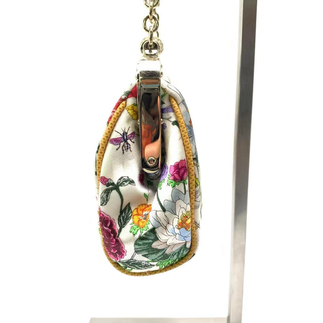 Sold Gucci Floral Silk Satin Purse with Crystal Embellished Bamboo Style Chain Strap