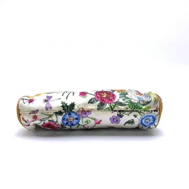 Sold Gucci Floral Silk Satin Purse with Crystal Embellished Bamboo Style Chain Strap