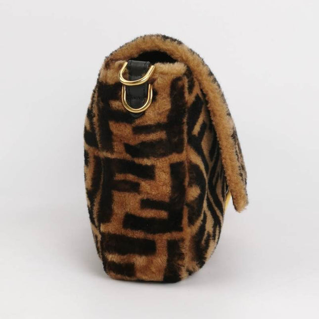 Fendi Baguette Large Shearling Vitello Dolce Marco FF 1974 Tobacco Black Brown Zucca