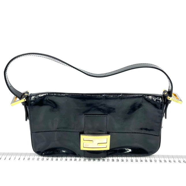 Fendi Baguette Black Patent Leather Gold Hardware Shoulder Bag