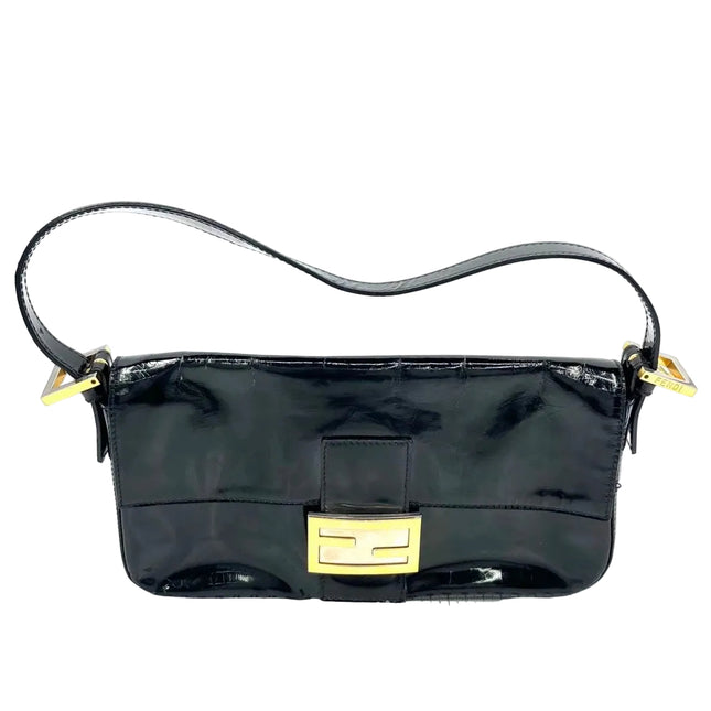 Fendi Baguette Black Patent Leather Gold Hardware Shoulder Bag