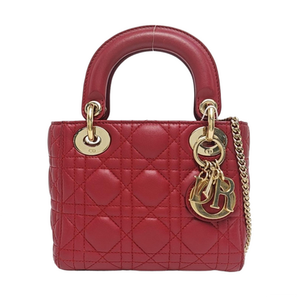 Lady Dior Mini Red Lambskin Leather Gold HW Chain Strap-Luxbags