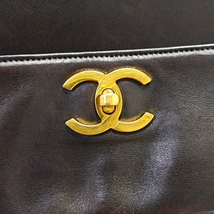 Chanel Vintage Front Pocket Tote Chocolate Brown Leather Double Gold Leather Chain