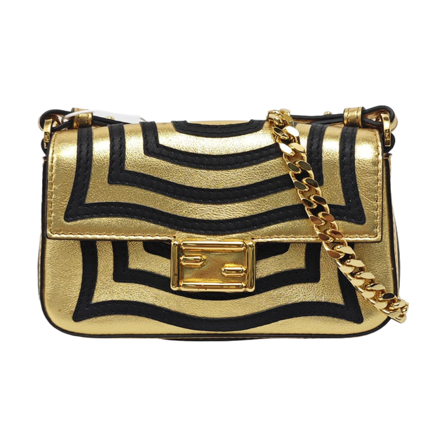 Fendi Nano Baguette Charm Gold Shiny Leather with Black Paints-Luxbags