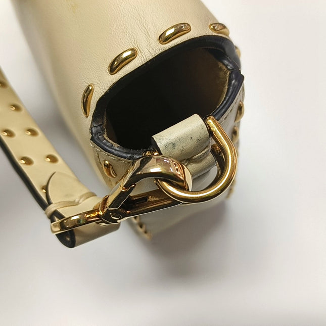 Fendi Baguette Selleria Medium White Calfskin Leather Gold Studs Crossbody Bag
