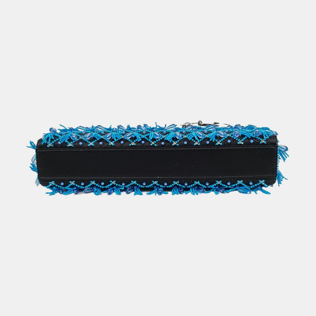 Lady D-Joy Medium Bag Exceptional Piece Black Silk Satin Turquoise Beaded Tassel
