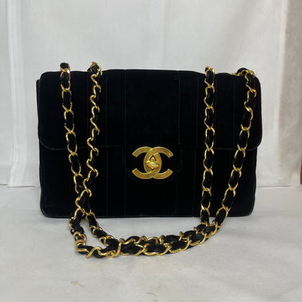 Chanel Classic Flap Maxi Black Velvet Leather Giant Gold CC Logo-Luxbags