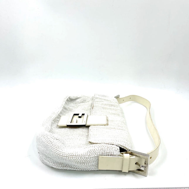 Fendi Baguette Vintage White Glitter Beads Brown Leather